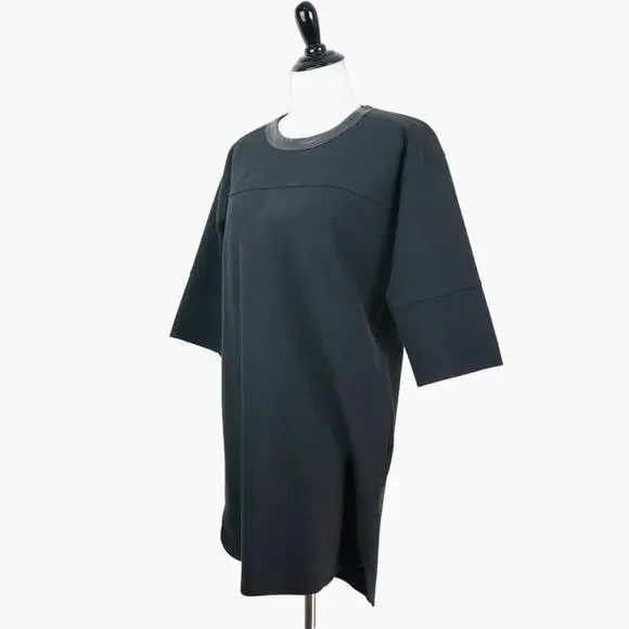 Madewell Size S Leather Trim Pique Ponte Knit Dress Boxy Fit Black - Picture 3 of 12